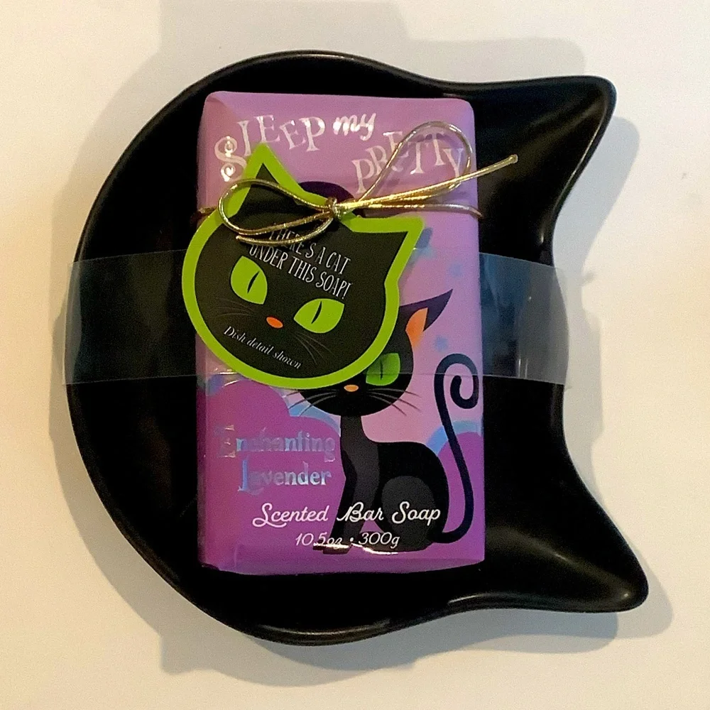 Halloween Black Cat Soap Dish & Enchanting Lavender Soap New